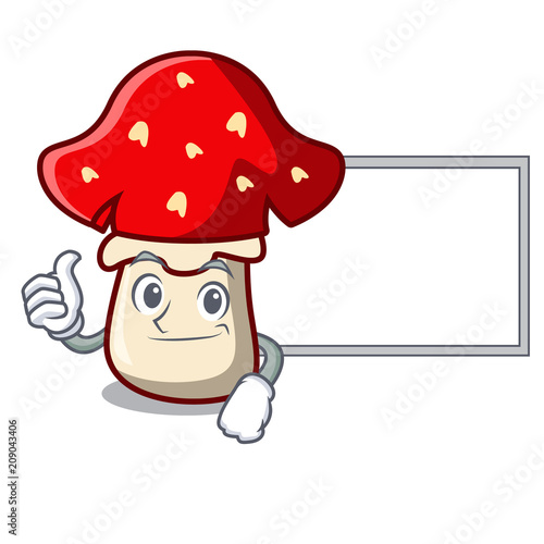 Thumbs up with board amanita mushroom character cartoon photo