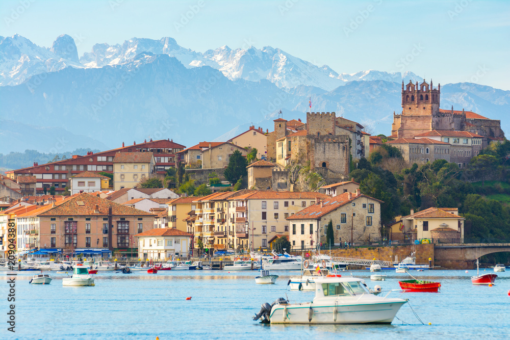 panoramic views to san vicente de la barquera traditional village at cantabria, spain