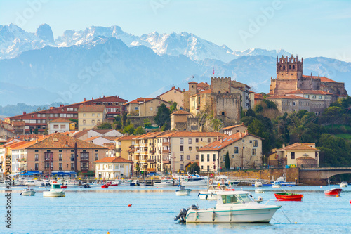 panoramic views to san vicente de la barquera traditional village at cantabria, spain