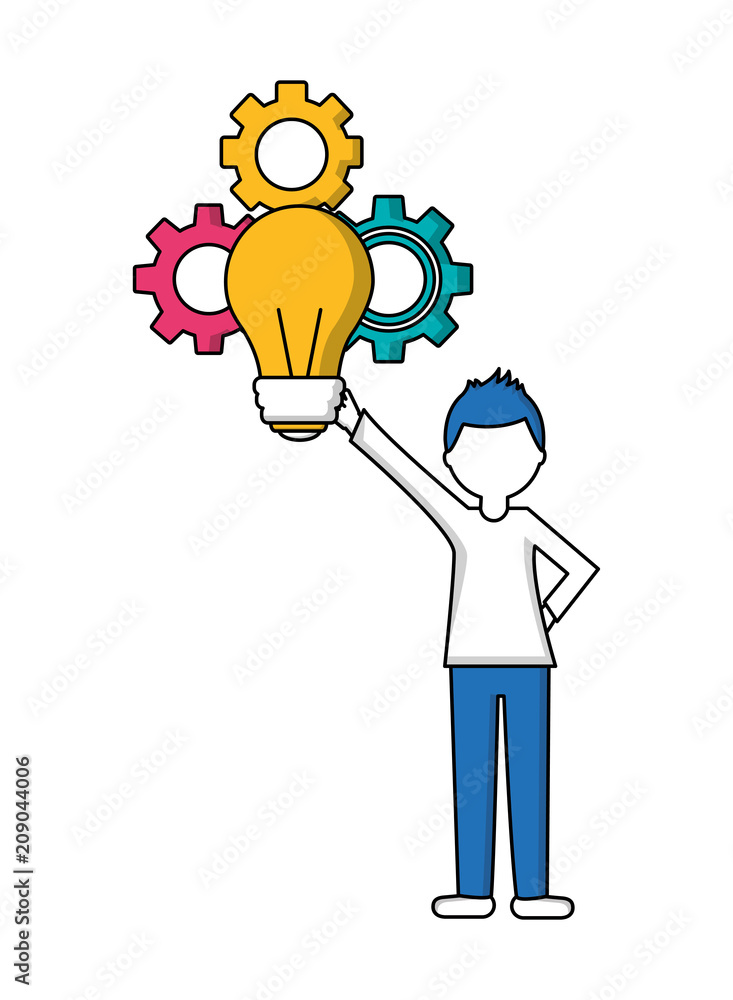 man holding bulb idea gears teamwork vector illustration man holding bulb idea gears teamwork vector illustration