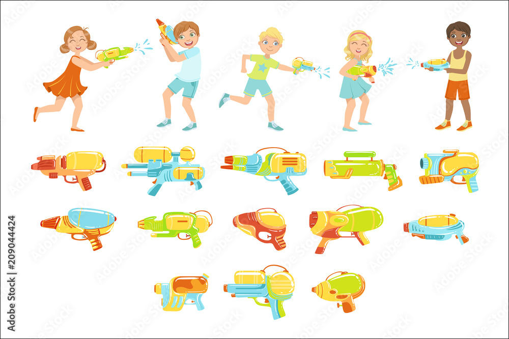 Obraz premium Kids Playing With Water Pistols And Assortment Of Guns