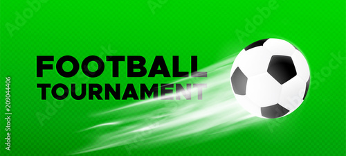 Football sport poster design. Vector background with green color field with flying black and white soccer ball. 2018 banner template trend