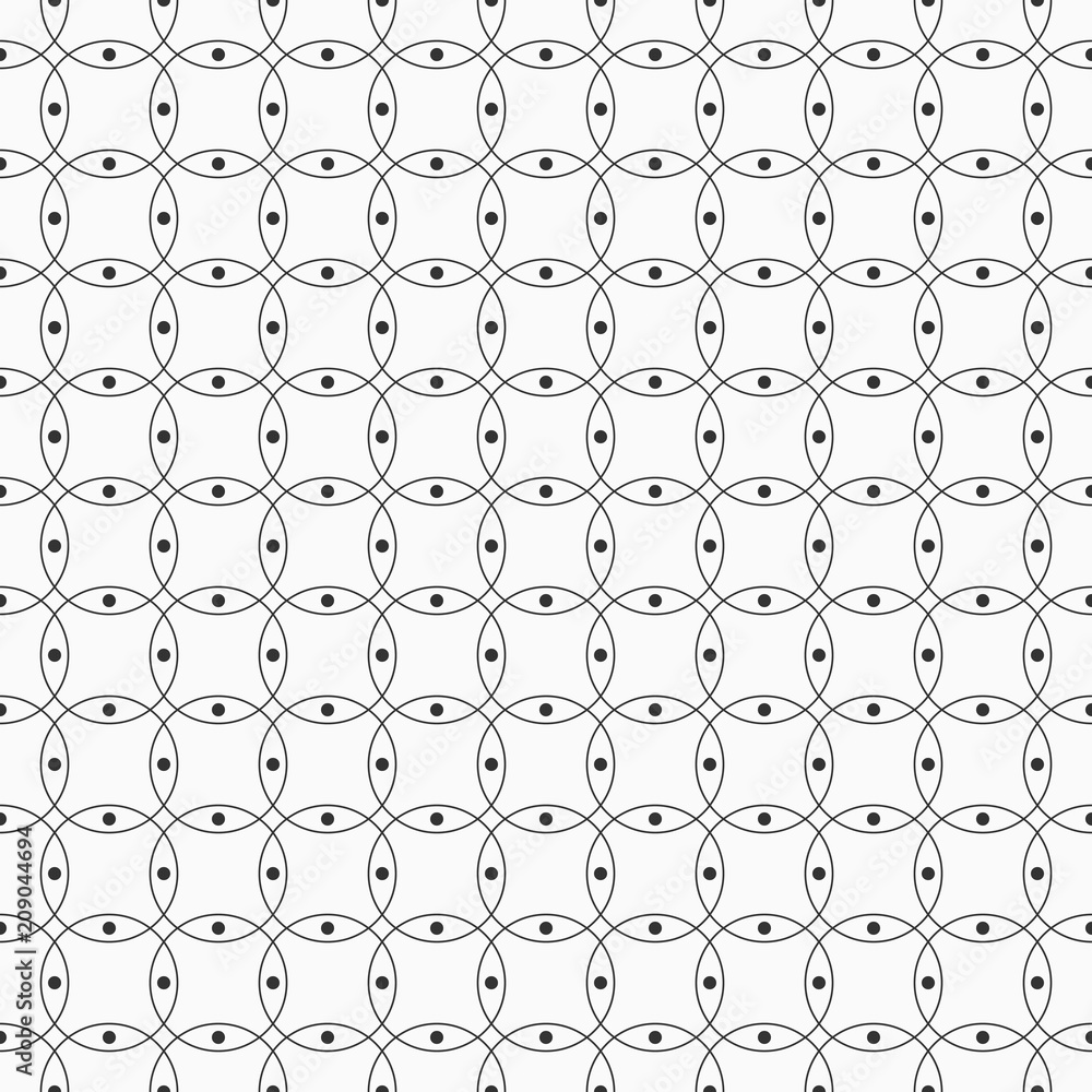 Abstract seamless pattern intersecting circles with dots inside.