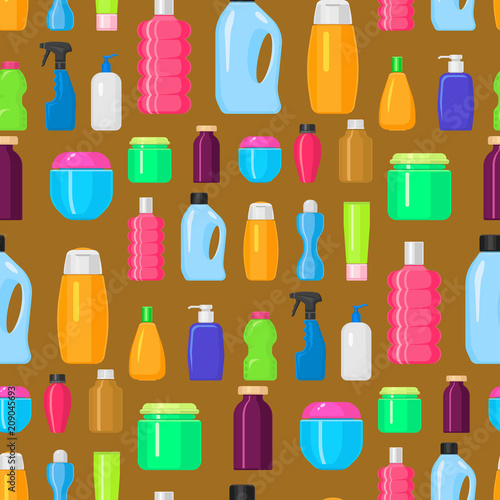 Bottles vector household chemicals supplies cleaning housework plastic detergent liquid domestic fluid bottle cleaner pack seamless pattern background illustration.