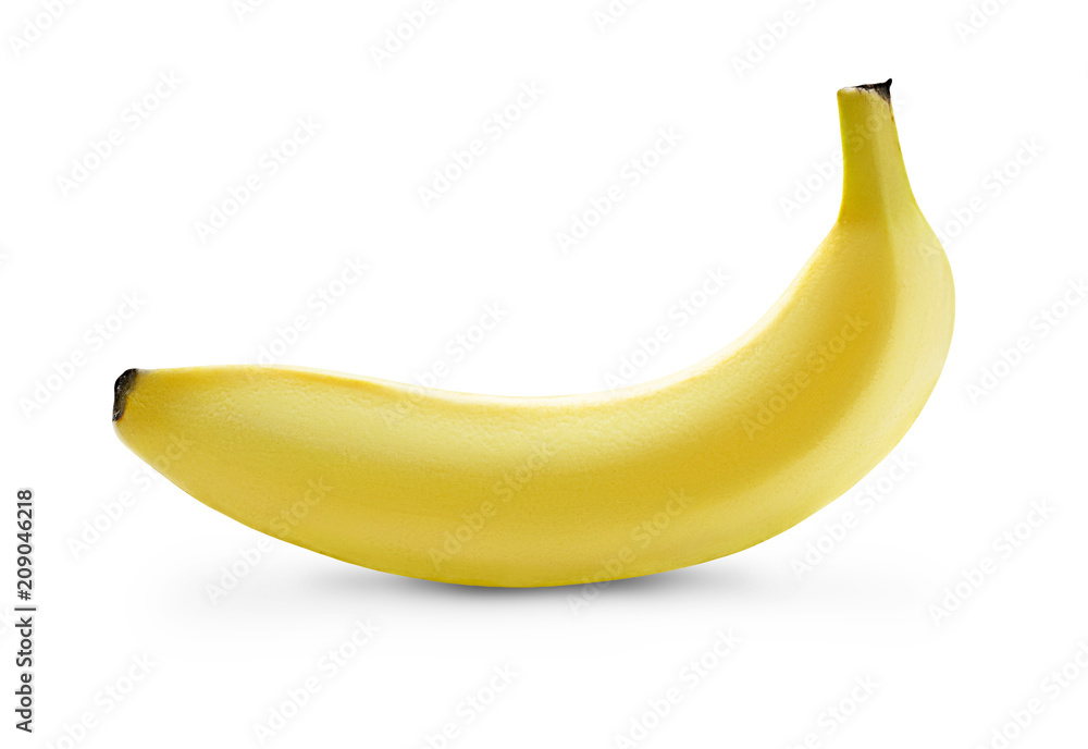 One whole banana in peel isolated on white background. Ripe bright banana for packing One whole banana in peel isolated on white background. Ripe bright banana for packing