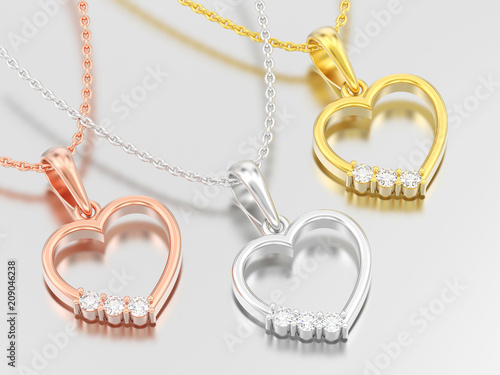 3D illustration three yellow and rosr gold and silver diamond heart necklaces on chains