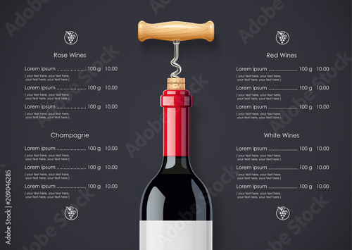Red Wine bottle, cork and corkscrew concept design for wines