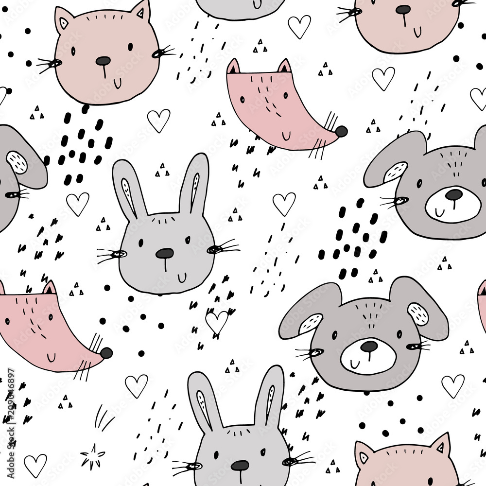 Cute seamless pattern with funny Animals. Vector Illustration.