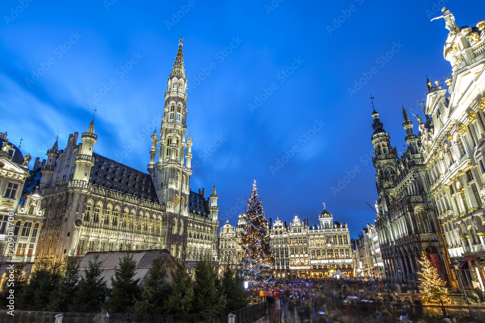 Grand Place with colorful lighting at Dusk in Brussels, Belgium Grand Place with colorful lighting at Dusk in Brussels, Belgium