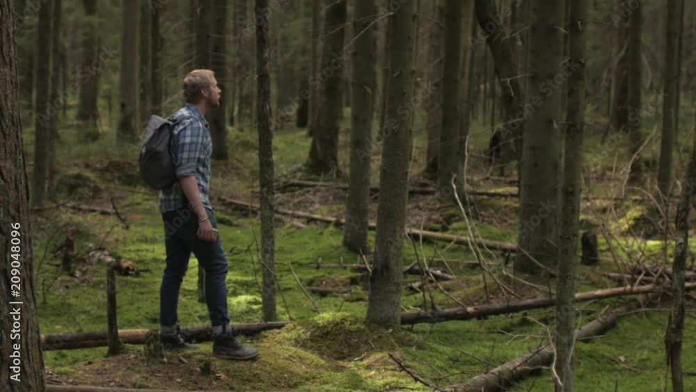 male traveler walking through the wild forest male traveler walking through the wild forest