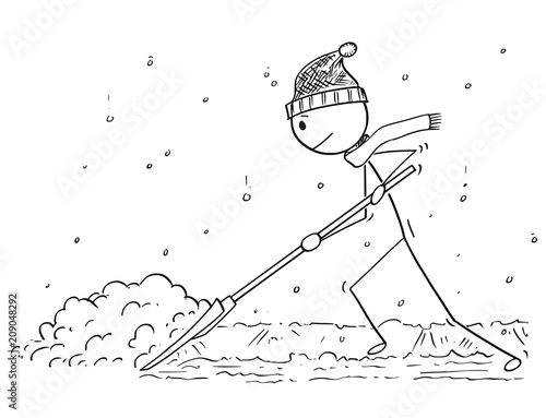 Cartoon stick drawing conceptual illustration of man with snow pusher shoveling the snow.