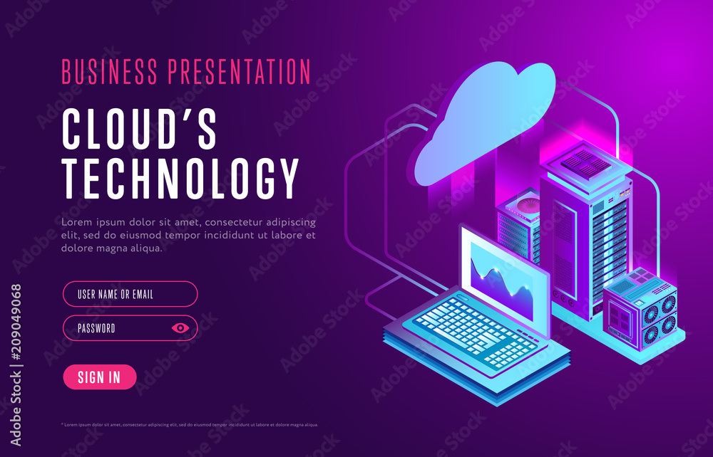 Stylish design of business presentation on web page telling about technology of cloud storage database Stylish design of business presentation on web page telling about technology of cloud storage database