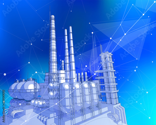 modern chemical manufacturing plant on a blue technological background with a stylized digital wave - the concept of modern technology, the new industrial revolution & information technology / vector