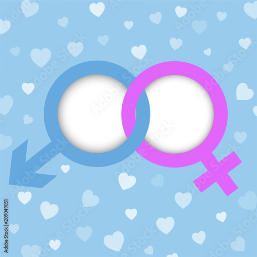 male and female symbol with copy space on hearts pattern background