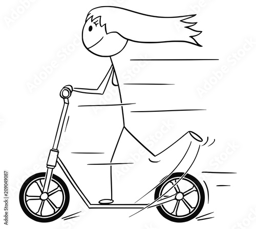 Cartoon stick drawing illustration of woman or girl riding the scooter.