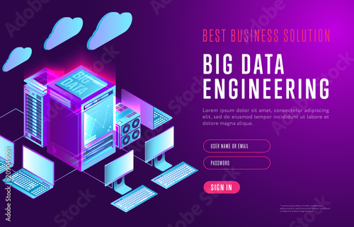 Vector design of virtual page about big data engineering and best business solution presentation on purple