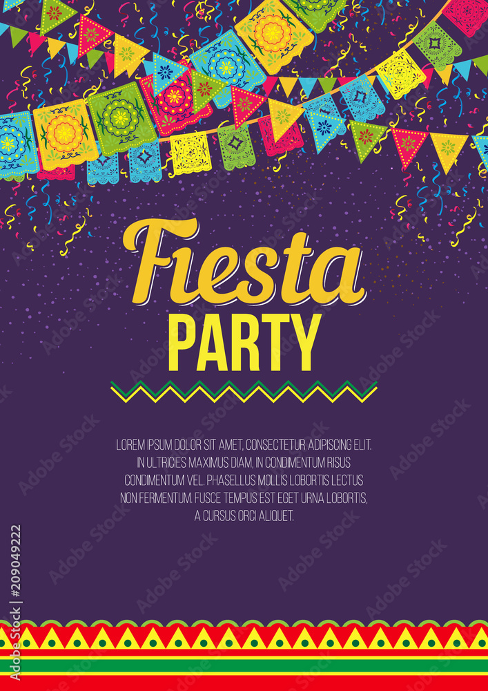 Vector design of colorful amusing poster advertising Fiesta party on purple background with vivid flags and ornaments - obrazy, fototapety, plakaty 