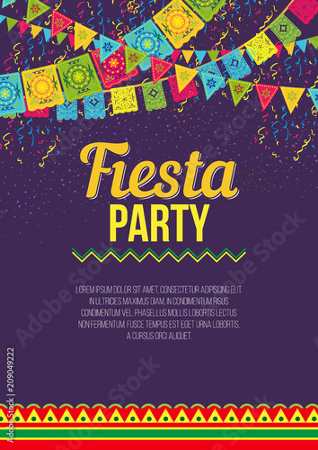 Vector design of colorful amusing poster advertising Fiesta party on purple background with vivid flags and ornaments