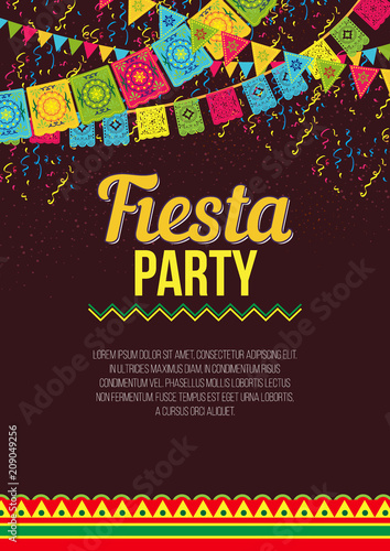 Vector design of vivid promotional poster about Fiesta party in bright colors and ornaments on brown backdrop