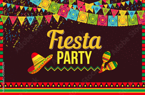 Stylish vector design of poster with Fiesta party invitation in layout with sombrero hats and shakers on brown background