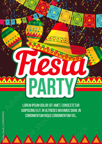 Stylish vector design of bright poster advertising ethnic Fiesta party with bright elements in layout on black and green