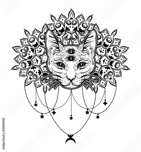 Dreamcatcher with four eyed cat. Vintage boho style.