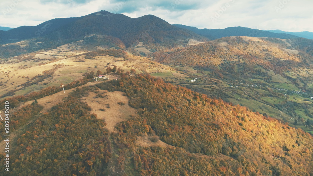 Aerial View over beautiful autumn mountain landscape. Yellow pasture with lonley houses among orange pine tree forest. Mountain range in the background. Holidays, travel. Carpathians, Ukraine, Europe