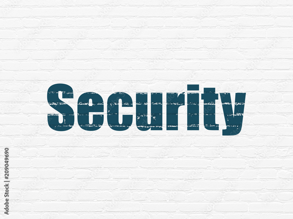 Protection concept: Painted blue text Security on White Brick wall background Protection concept: Painted blue text Security on White Brick wall background