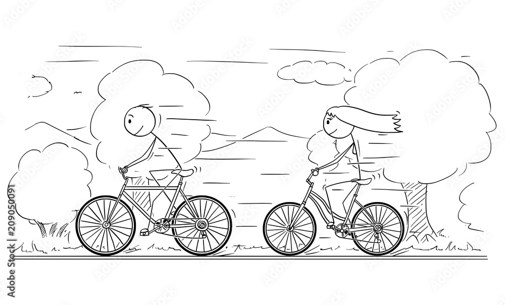 Cartoon stick drawing illustration of man and woman or girl and boy riding  or cycling on bicycle trip in nature landscape or park. Stock Vector |  Adobe Stock