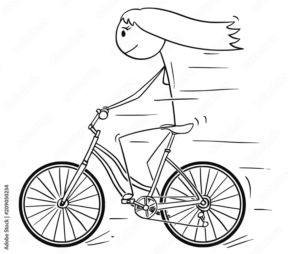 Cartoon stick drawing illustration of woman or girl riding or cycling on  bicycle. Stock Vector | Adobe Stock