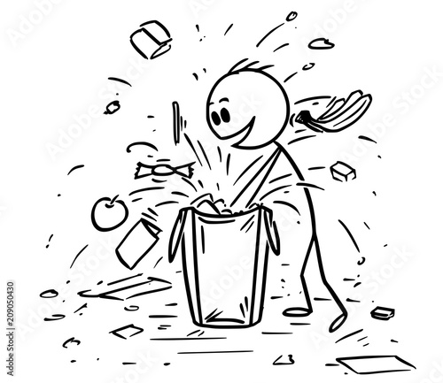 Cartoon stick drawing conceptual illustration of Ill-Mannered Child or Boy Messing Up the Shopping Bag While Looking for Gift or Candy.