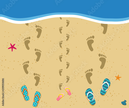 Family at the sea. Top view of three footprints path at sandy beach