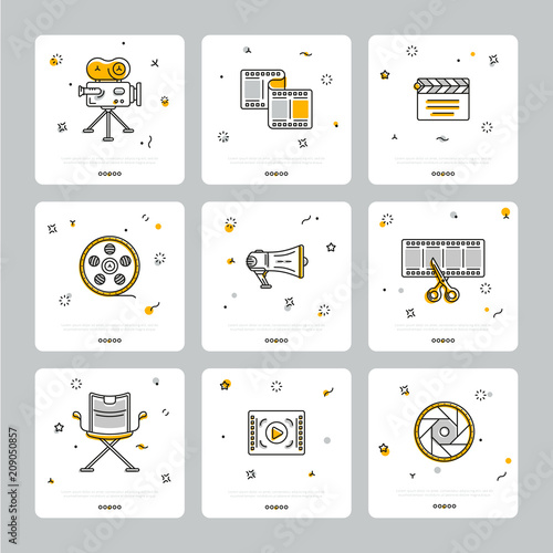 Square icons with cinematography theme showing filmstrip and equipment composed on gray background