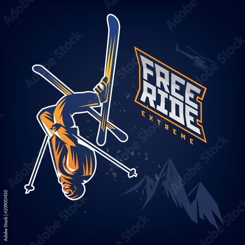 Free ride. Stunt headfirst of skier on the dark background