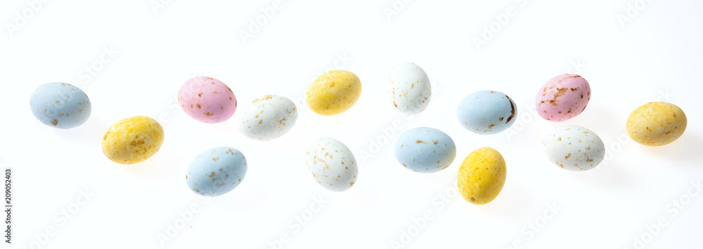 Colorful Easter eggs cut out and isolated on white background, banner, Colorful Easter eggs cut out and isolated on white background, banner,
