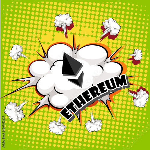 Cryptocurrency icon with retro comic style on green background:ETH icon