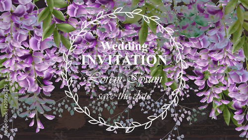 Wisteria flowers Wedding invitation card Vector. Gorgeous nature beauty desig...