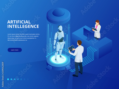 Isometric Robot with artificial intelligence. Robot cybernetic organism works with a virtual HUD interface in augmented reality. Future concept.