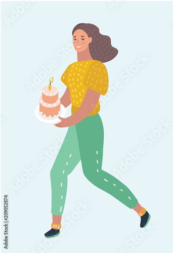 Woman walking and carry birthday cake.