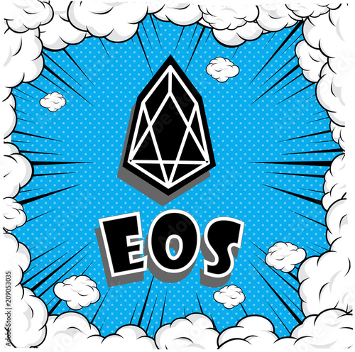 Cryptocurrency icon with retro comic style on Blue background:EOS icon