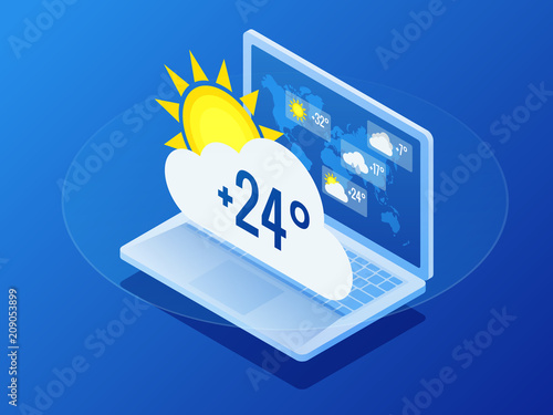 Isometric Current weather condition and meteorological forecast. Weather condition news report climate forecasting meteorology temperature concept