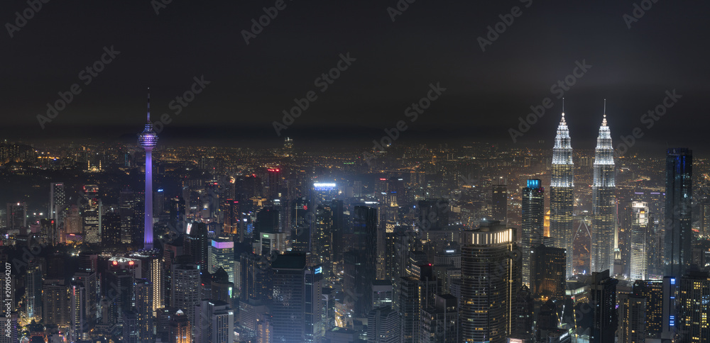 NIght view from high angle of Kuala Lumpur city centre
