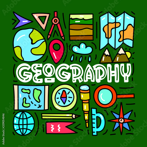 Geograpy. Subject concept.Lettering card. Vector illustration