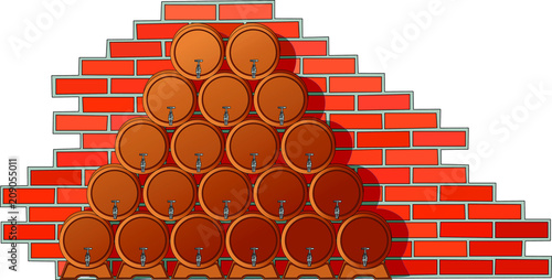 Wine barrels in the cellar along the stone wall