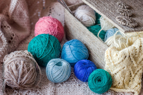 Multicolored yarn balls in a handmade box