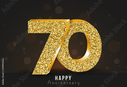 70 - year happy anniversary banner. 70th anniversary gold logo on dark background.