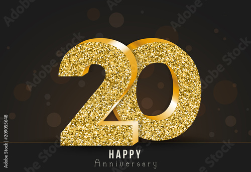 20 - year happy anniversary banner. 20th anniversary gold logo on dark background.
