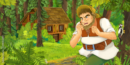 cartoon scene with running farmer in the forest near some hidden wooden house - illustration for children