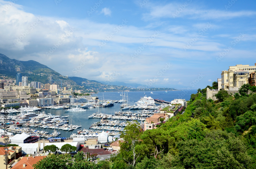 Obraz premium Panoramic view of Monaco,France from Above .Aerial View of the Sea Port with Yachts 