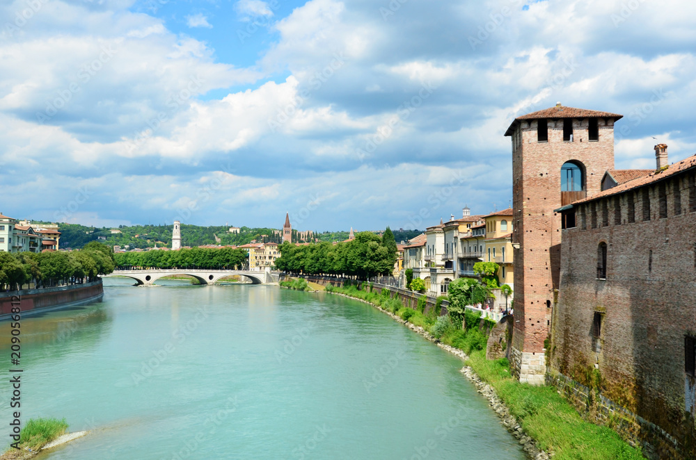 Castelvecchio Bridge or Scaliger Bridge and Adige River in Verona ,Italy